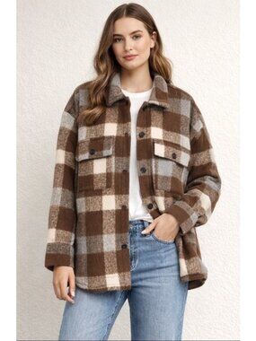 By Together NWT Shacket Womens Medium Button Brown Plaid Jacket Wool Blend